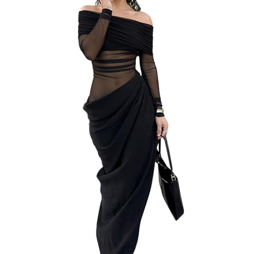 acka sheer shoulder dress ブラック Alpha Semi-Sheer Maxi Dress - Off Shoulder, Long-Sleeve, One